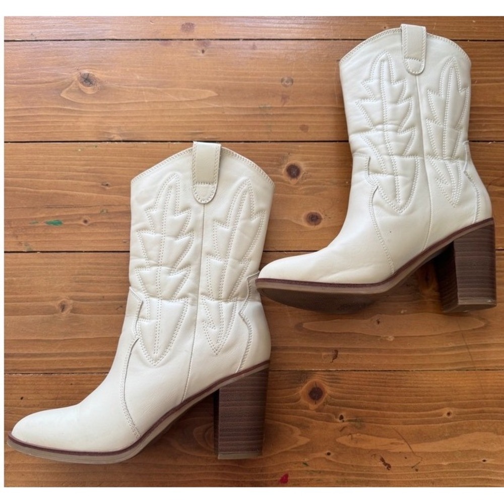 MIA Womens Off White Western Cowgirl Boots Block Heel Mid Calf Pointed Toe Ivory - Picture 9 of 10